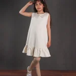 پیراهن کتان حلقه ای با یقه خامه دوزی رها دخترانه