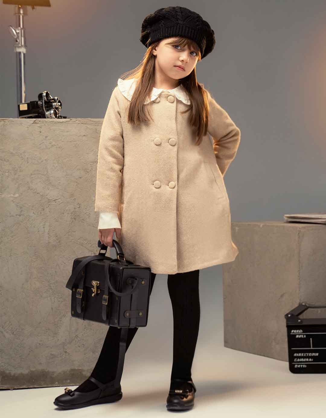 پالتو پشمی دخترانه لادن رنگ کرم برند 313 لباس بچه گانه