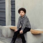 پیراهن آستین بلند چهارخونه پشمی نمای رو به رو رنگ مشکی و سفید برند 313 لباس بچه گانه پوشاک بچه گانه