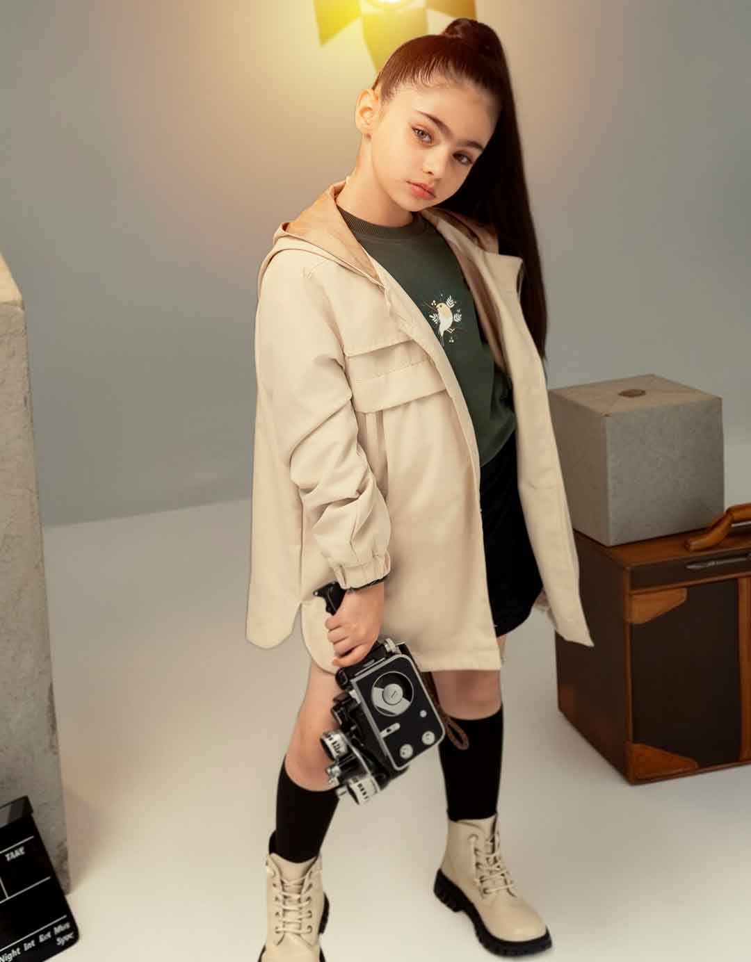 کاپشن بارونی دخترانه لوویا رنگ کرم نمای رو به رو برند 313 لباس بچه گانه